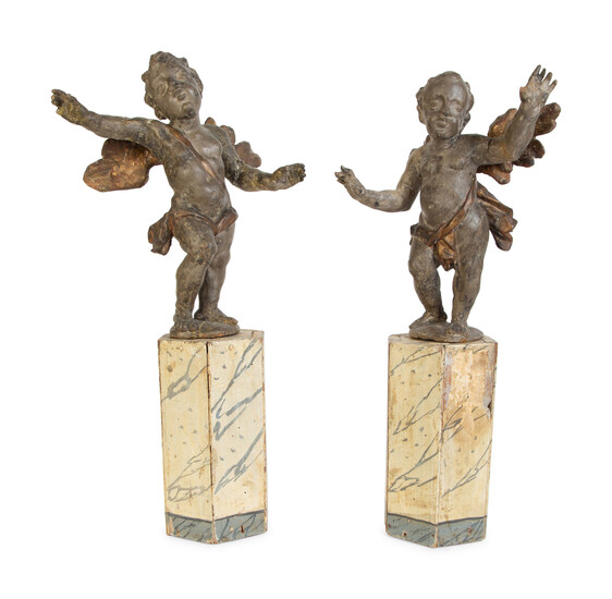 A Pair of Italian Carved Putti on Painted Faux-Marble Bases