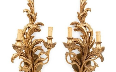 A Pair of Louis XV Style Giltwood Two-Light Sconces