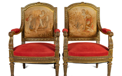 A Pair of Louis XVI Style Giltwood Fauteuils with Tapestry Upholstery