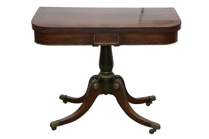 A REGENCY ROSEWOOD AND BRASS STRUNG FOLD OVER CARD TABLE