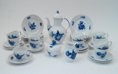 A Royal Copenhagen blue and white coffee service, second quarter 20th century, blue wave underglaze and green printed factory marks, the bodies with moulded ozier border and painted floral sprays, the covers with flower bud finials, comprising: a...
