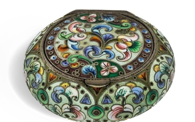 A Russian cloisonne enamel snuff box, Moscow, 1908-1926, 6th Artel, 84 standard, of circular form, the body and hinged lid decorated with polychrome enamelled floral sprays against a pale green ground, approx. 5.5cm dia., gross weight approx. 2.7oz...