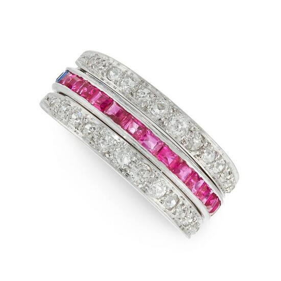 A SAPPHIRE, RUBY AND DIAMOND REVERSIBLE RING the