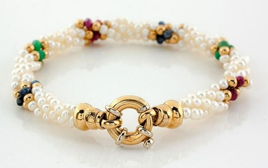 A SEED-PEARL, GEM AND GOLD BRACELET