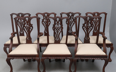 A SET OF SEVEN 'CHIPPENDALE REVIVAL' CARVED MAHOGANY DINING CHAIRS, INCLUDING A PAIR OF OPEN ARM ELBOW CHAIRS.