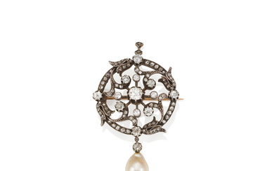 A SILVER-TOPPED GOLD, DIAMOND AND CULTURED PEARL PENDANT BROOCH