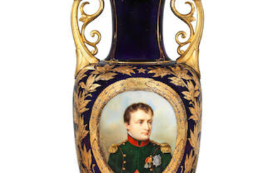 A Sèvres blue-ground vase 'carafe Étrusque' with the portrait of Napoleon I, dated 1852
