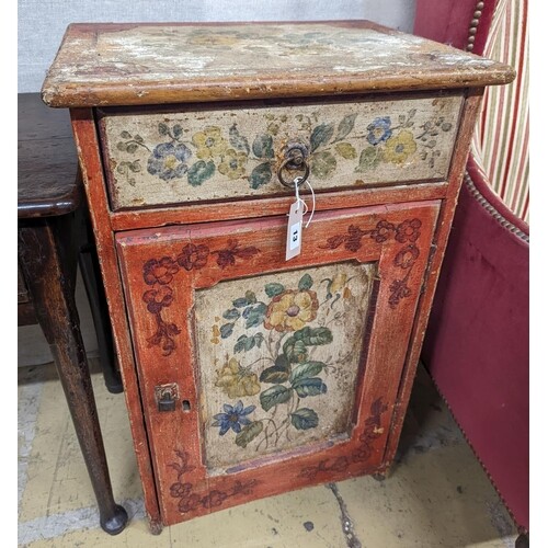 A Swiss floral painted cabinet, width 51cm, depth 42cm, heig...
