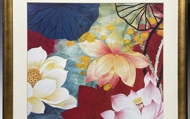 A VINTAGE FRAMED CHINESE WATERCOLOR LOTUS FLOWER PAINTING, SIGNED BY ARTIST ??
