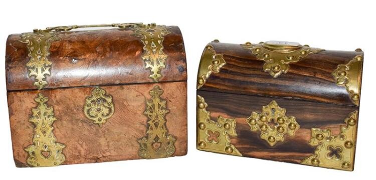A Victorian brass bound walnut domed top stationery box, with...