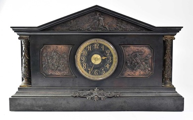 A Victorian slate mausoleum eight-day mantel clock with bronze-effect panels...