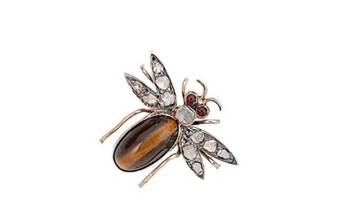 A Victorian tiger's eye and diamond insect brooch
