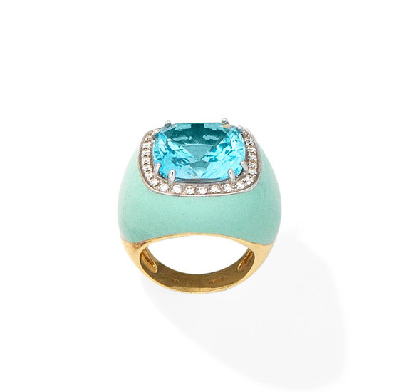 A blue topaz, diamond and enamel ring