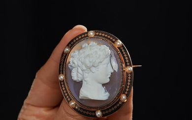 A cameo, natural pearl and enamelled gold brooch, circa