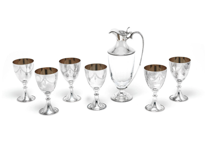 A cased set of six silver goblets and ewer
