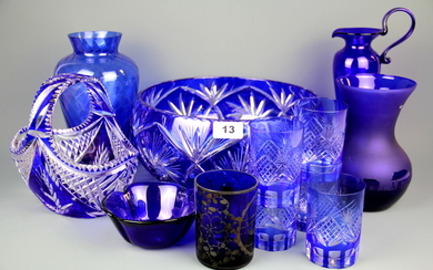 A collection of blue Bohemian and other glass.