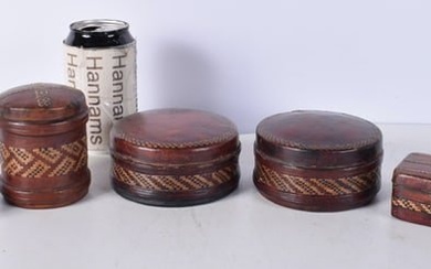A collection of small leather encased straw work boxes including a fitted razor 6 x 10 cm (5).