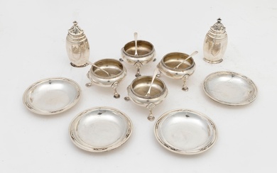 A collection of sterling silver salts, pepper pots, together with a set of miniature Danish silver dishes, various dates and makers