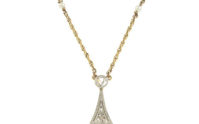 A composite late 19th century gold and platinum natural saltwater pearl and old-cut diamond pendant, with chain.