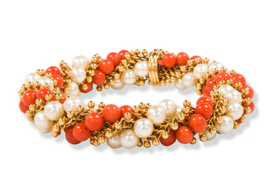 A coral and cultured pearl bracelet, 'Twist', Van Cleef & Arpels