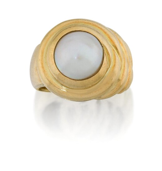 A cultured mabe pearl ring, collet-set in stepped stylised mount tapering to a plain hoop, hoop stamped 750, approx. ring size O½