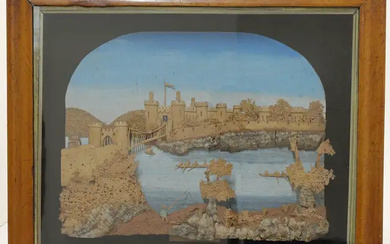 A diorama cork carving picture of Conwy Castle, 20th century, the castle...
