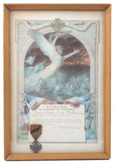 A framed French citation and Croix de Guerre with palm, presented to Lieutenant Hector Ernest Gooding RAF with additional written citation dated 1st. August 1918, stating in French 'Observer to the Squadron Leader has several times reported to...