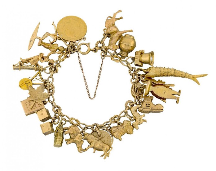 A gold charm bracelet, the 9ct gold bracelet suspending various mid 20th century gold charms, including: an articulated fish; a windmill; a pendant mounted half-sovereign; and various animals; gross weight 59.3g