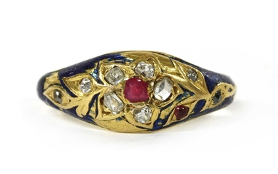 A gold enamel ruby and diamond ring