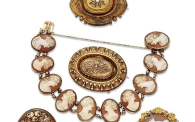A group of cameo and Victorian jewellery, comprising: two shell cameo brooches, one depicting the classical profile of Erato, within gold Canetille work border; the other depicting the classical profile of Flora in plain gold mounted two Victorian...