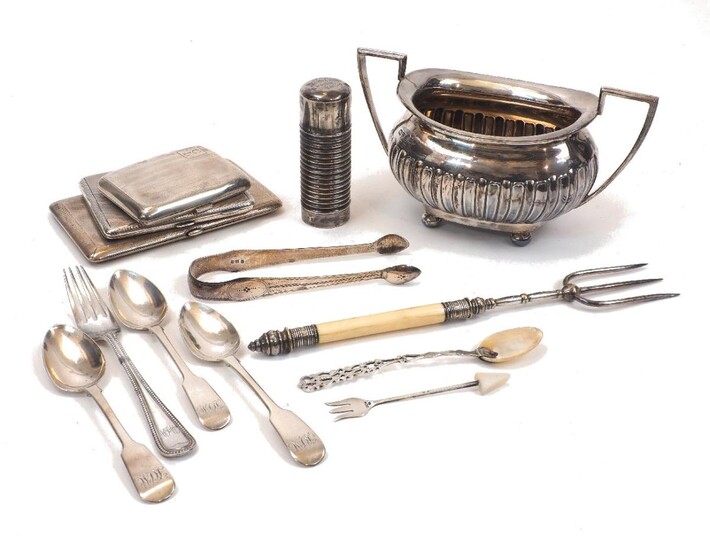 A group of silver comprising: a twin-handled Edwardian silver sugar, Chester, c.1907, Walker & Hall; three silver cigarette cases, the largest engine-turned example measuring 13.6cm long; a pair of Georgian sugar nips; three George IV silver...