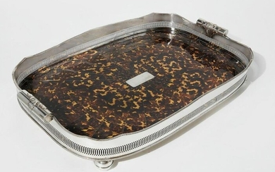 A large silver plate and faux tortoiseshell tray