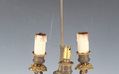 A late 19th century French Neoclassical Revival rouge marble and bronze mounted three-light candelab