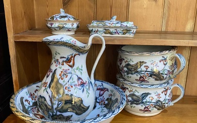 A late 19th century 'Iris' pattern six piece ceramic toilet set