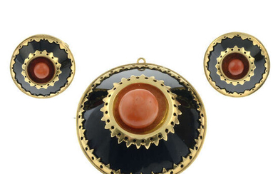 A late 19th century coral and onyx brooch, together with a pair of matching earrings.