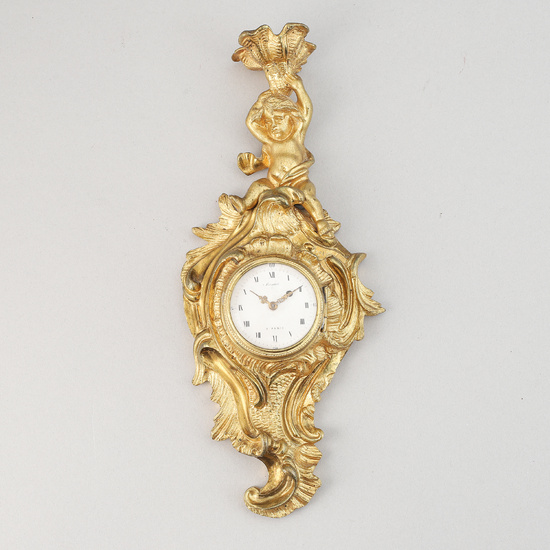 A late 19th century gilt bronze miniature wall clock, clock face signed Breguet a Paris.