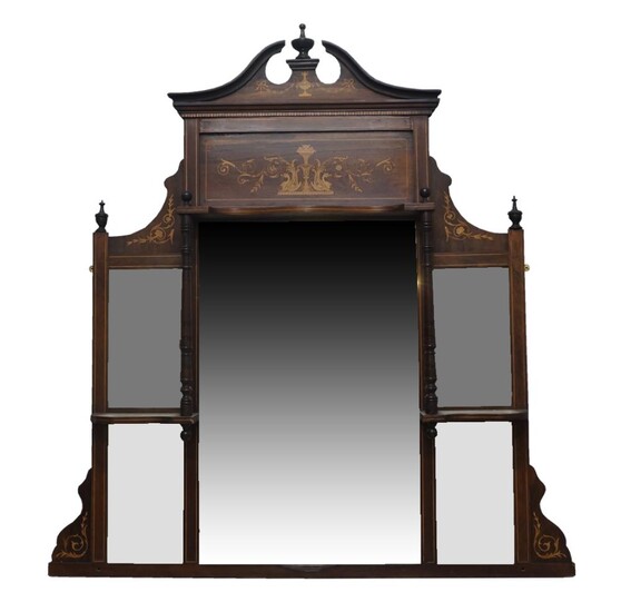 A late Victorian rosewood over mantle mirror, with broken swan neck pediment, marquetry inlay and bevelled glass plates, 142cm x 132cm Provenance: Property of Future PLC, removed from the offices of Country Life magazine.