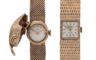 A lot of two lady's 9ct gold wristwatches, with flexible link bracelets, one designed with hinged leaf cover concealing a circular silvered dial, signed W of S, with baton and Arabic markers, bracelet length approx. 16cm, the other, by Rotary, with...