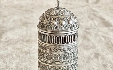 A magnificent spice tower / container for Jewish havdalah ceremony - besamim- .925 silver, bone- I.m.fain- Israel - Mid 20th century