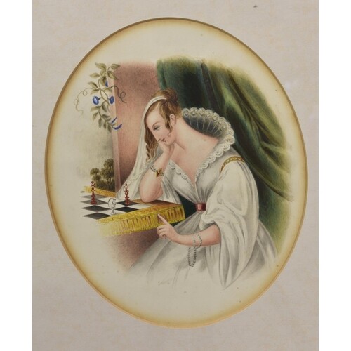 A mid 19th Century watercolour, oval, depicting a lady playi...