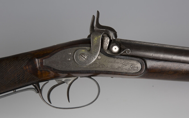 A mid-19th century double-barrelled percussion sporting gun by Manton, London, barrel length 79cm, t