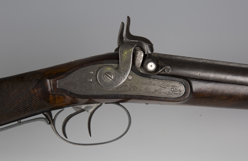 A mid-19th century double-barrelled percussion sporting gun by Manton, London, barrel length 79cm, t