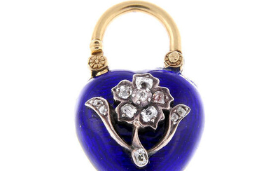 A mid Victorian gold and enamel heart-shape lock pendant, with old-cut diamond floral highlight.