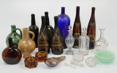 A mixed group of clear and coloured glass bottles and ornaments, 18th...