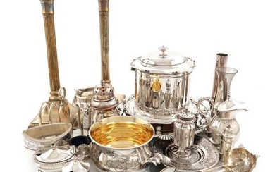 A mixed lot, comprising silver items: a Victorian two-handled bowl, by William Ker Reid, London 1854, circular form, foliate lug handles, engraved decoration, gilded interior, plus a three-piece condiment set, a mustard pot, a Victorian salt cellar a...