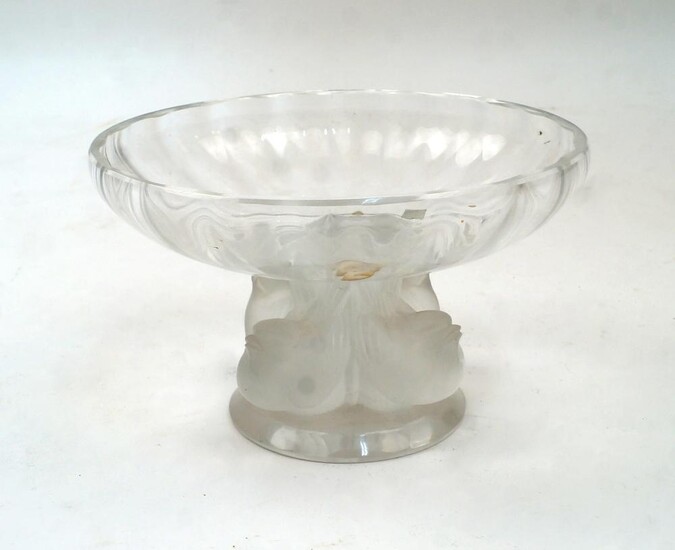 A modern Lalique 'Nogent' pedestal bowl, designed by Marc Lalique, the circular clear glass bowl over pedestal base moulded with four frosted glass birds, on circular foot, engraved 'Lalique France' to base, with partial Lalique sticker to...