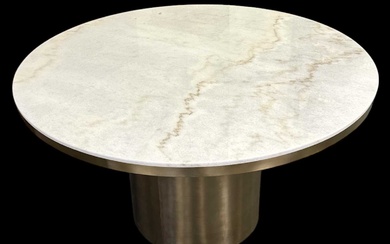 A modern white marble topped gilt metal mounted circular dining...