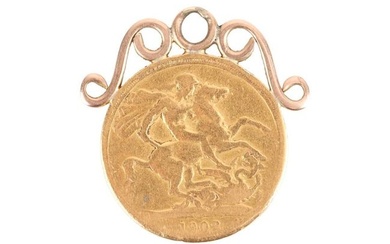 A mounted double sovereign pendant, consisting of a heavily worn Edward VII double sovereign, dated