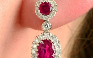 A pair of 18ct gold brilliant-cut diamond and ruby cluster drop earrings.Estimated total diamond