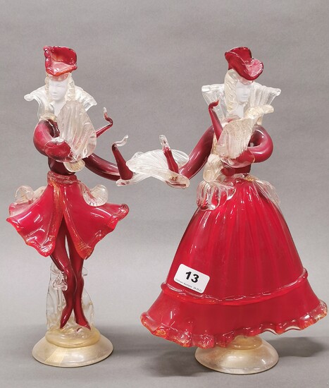 A pair of 1960's/70's Murano glass figures of dancers, H. 36cm. No visible damage or repair.